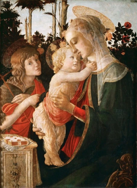 Reprodukcja Louvre, Sandro Botticelli - Wzór graficzny. Postacie w ujęciu bliskim, z tłem roślinnym