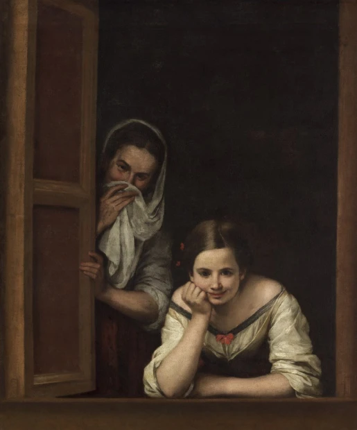 Reprodukcja Madchen am Fenster, Bartolome Esteban Murillo - Wzór graficzny. Dwie postacie w oknie, jedna z nich uśmiecha