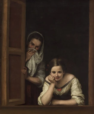 Reprodukcja Madchen am Fenster, Bartolome Esteban Murillo - Wzór graficzny. Dwie postacie w oknie, jedna z nich uśmiecha