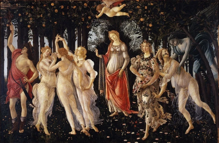 Reprodukcja Primavera, Sandro Botticelli - Wzór graficzny. Postacie w ruchu, otoczone drzewami i kwiatami, w różnych pozach
