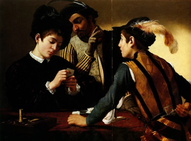 Reprodukcja The Cardsharps, Michelangelo Caravaggio - Wzór graficzny. Trzy postacie przy stole, jedna z kartami, dwie