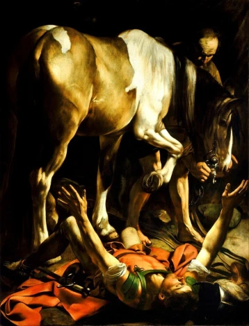 Reprodukcja The Conversion on the Way to Damascus, Michelangelo Caravaggio - Wzór graficzny. Obraz przedstawia postać leżącą