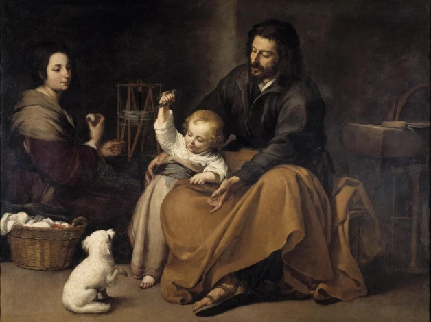Reprodukcja The Holy Family with a Bird, Bartolome Esteban Murillo - Aranżacja w salonie. Ściany w ciepłych odcieniach beżu