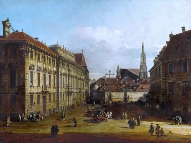 Reprodukcja The Lobkowitzplatz in Vienna, Canaletto, Bernardo Bellotto - Wzór graficzny. Przedstawia plac z budynkami