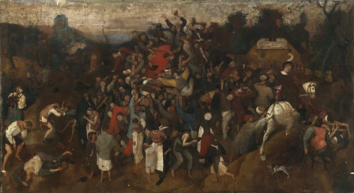 Reprodukcja The Wine Of Saint Martins Day, Pieter Bruegel - Wzór graficzny. Scena z tłumem ludzi, koni i różnymi postaciami