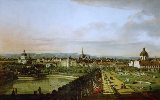 Reprodukcja View of Vienna from Belvedere, Canaletto, Bernardo Bellotto - Wzór graficzny. Przedstawia panoramę Wiednia
