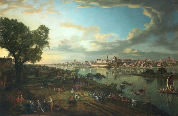 Reprodukcja obrazu Bernardo Bellotto Widok Warszawy od strony Pragi przedstawiająca panoramę miasta nad Wisłą