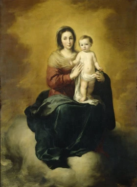 Reprodukcja Virgin and Child, Bartolome Esteban Murillo - Wzór graficzny. Postać matki z dzieckiem na chmurach, ciepłe