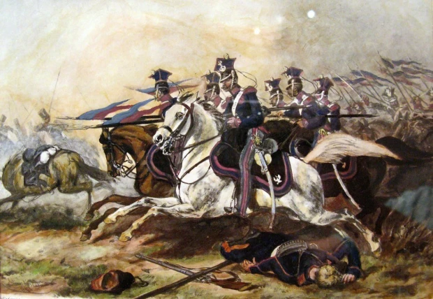 Reprodukcja Szarża jazdy poznańskiej pod Rajgrodem, Juliusz Kossak - Wzór graficzny. Scena przedstawia jeźdźców w galowych