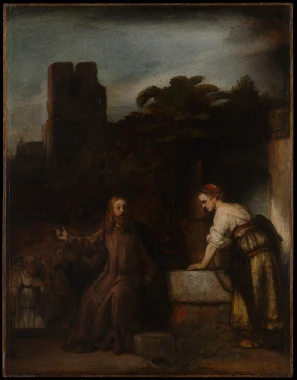Reprodukcja Christ and the Woman of Samaria Rembrandta, idealna do eleganckiego salonu, dodaje głębi