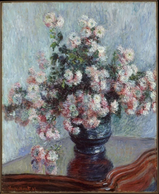 Reprodukcja Chrysanthemums Claudea Moneta, w pastelowych odcieniach, idealna do eleganckiego salonu 