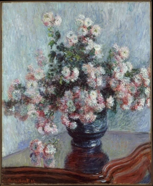 Reprodukcja Chrysanthemums Claudea Moneta, w pastelowych odcieniach, idealna do eleganckiego salonu 