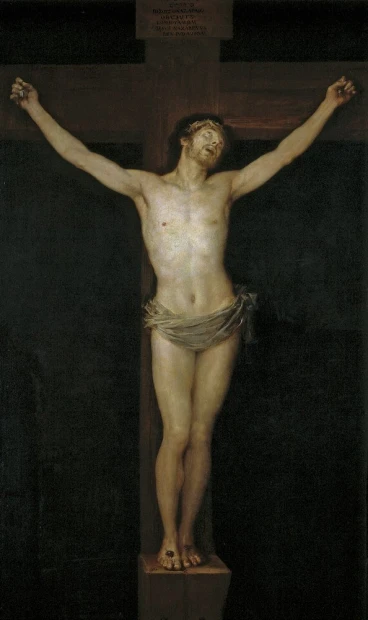 Reprodukcja Chrystus na krzyżu, Francisco Goya - Wzór graficzny. Postać ukrzyżowanego mężczyzny na ciemnym tle