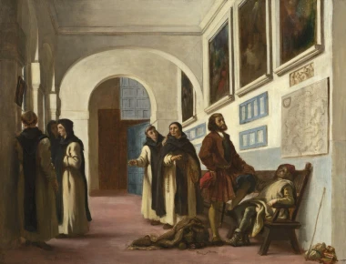 Reprodukcja Columbus and His Son at La Rabida, Eugene Delacroix - Aranżacja w muzeum. Ściany w jasnych odcieniach, obrazy