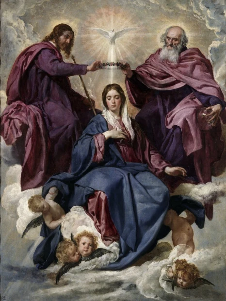 Reprodukcja Coronation of the Virgin, Diego Velazquez - Wzór graficzny. Postacie w szatach, gołębie, chmury i anioły