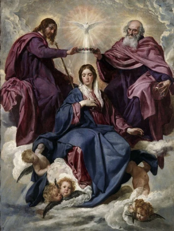Reprodukcja Coronation of the Virgin, Diego Velazquez - Wzór graficzny. Postacie w szatach, gołębie, chmury i anioły