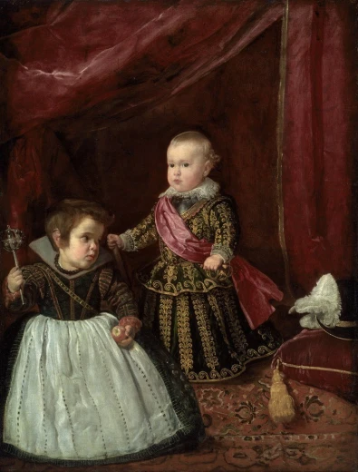 Reprodukcja Don Baltasar Carlos with a Dwarf, Diego Velazquez - Wzór graficzny. Dwoje dzieci w strojach z epoki, jedno