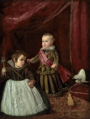 Reprodukcja Don Baltasar Carlos with a Dwarf, Diego Velazquez - Wzór graficzny. Dwoje dzieci w strojach z epoki, jedno
