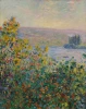 Reprodukcja Flower Beds at Vetheuil, Claude Monet - Wzór graficzny. Obraz przedstawia kolorowe kwiaty w zieleń, z tłem rzeki