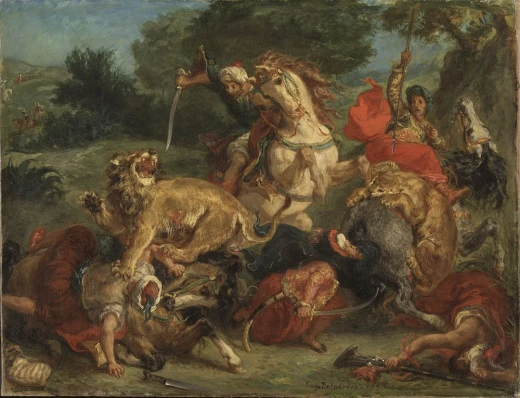 Reprodukcja obrazu La Chasse aux lions Eugène\'a Delacroix przedstawiająca dynamiczną scenę polowania na lwy