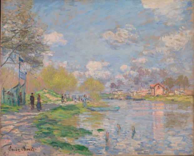Reprodukcja Spring by the Seine, Claude Monet - Wzór graficzny. Obraz przedstawia rzekę z drzewami, niebem i postaciami