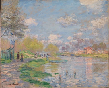 Reprodukcja Spring by the Seine, Claude Monet - Wzór graficzny. Obraz przedstawia rzekę z drzewami, niebem i postaciami