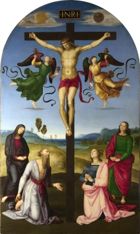 Reprodukcja The Crucified Christ with the Virgin Mary, Saints and Angels w eleganckim wnętrzu, ideal