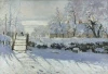 Reprodukcja The Magpie, Claude Monet - Wzór graficzny. Obraz przedstawia zimowy krajobraz z drzewami i płotem