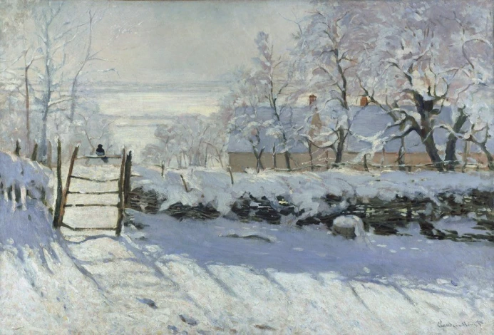 Reprodukcja The Magpie, Claude Monet - Wzór graficzny. Obraz przedstawia zimowy krajobraz z drzewami i płotem