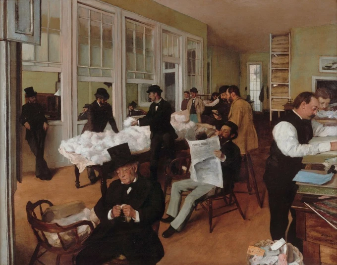 Reprodukcja A Cotton Office in New Orleans, Edgar Degas - Aranżacja w biurze. Jasne ściany, duże okna, meble w stylu XIX