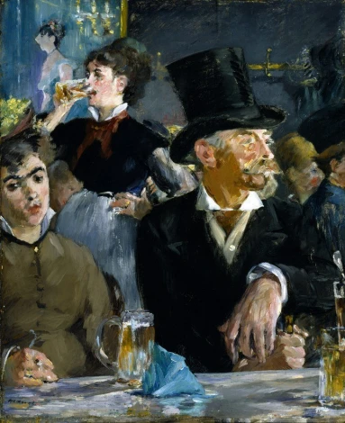 Reprodukcja At the Cafe, Edouard Manet - Aranżacja w kawiarni. Ściany w ciemnych odcieniach, meble drewniane, oświetlenie