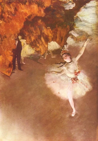 Reprodukcja Ballet - letoile, Edgar Degas - Wzór graficzny. Postać baletnicy w białej sukience tańczy na tle ciemnych barw