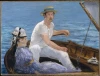 Reprodukcja Boating, Edouard Manet - Wzór graficzny. Mężczyzna w białej koszulce i kapeluszu siedzi w łodzi obok kobiety