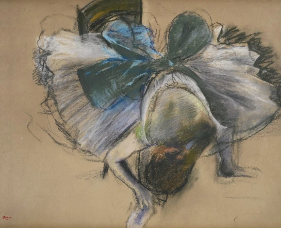 Reprodukcja Danseuse rajustant son chausson, Edgar Degas - Wzór graficzny. Postać tancerki w białej spódnicy i zielonej
