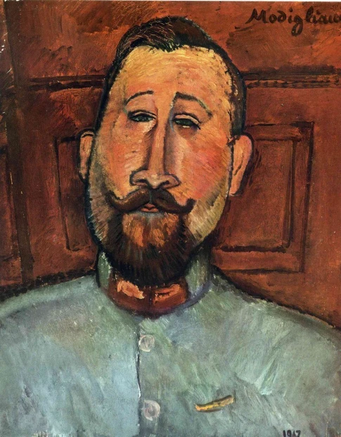 Reprodukcja Doctor Devaraigne, Amedeo Modigliani - Wzór graficzny. Postać mężczyzny z wydatnymi rysami twarzy, w niebieskiej