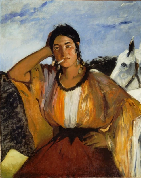 Reprodukcja Gypsy with a Cigarette, Edouard Manet - Wzór graficzny. Postać kobiety w kolorowej odzieży z papierosem, w tle
