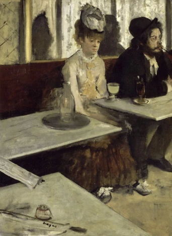 Reprodukcja In a cafe or L’Absinthe, Edgar Degas - Aranżacja w kawiarni. Ciemne meble, jasne zasłony, stonowane kolory