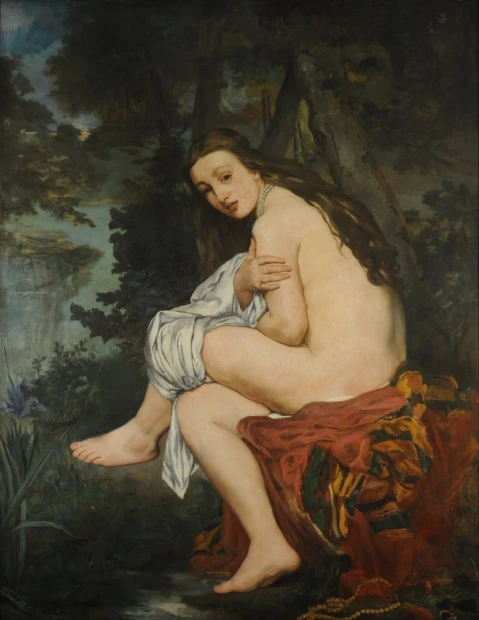 Reprodukcja La Nymphe surprise, Edouard Manet - Wzór graficzny. Postać kobieca siedząca na tle przyrody, z długimi włosami