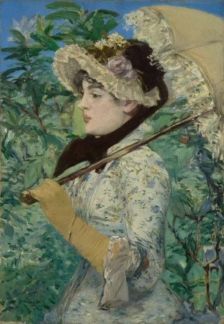 Reprodukcja Le Printemps Spring, Edouard Manet - Wzór graficzny. Postać kobiety w kapeluszu z parasolką w otoczeniu zieleni