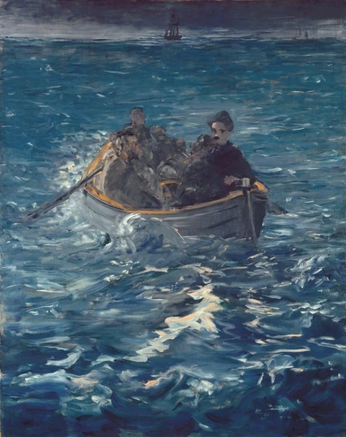 Reprodukcja LEvasion de Rochefor, Edouard Manet - Wzór graficzny. Obraz przedstawia łódź na wodzie z postaciami w środku