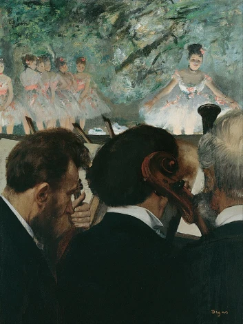 Reprodukcja Orchestra Musicians, Edgar Degas - Wzór graficzny. Postacie muzyków i baletnic w dynamicznych pozach