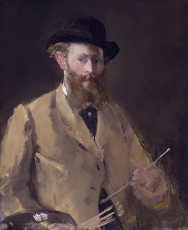 Reprodukcja Self-portrait with palette, Edouard Manet - Wzór graficzny. Mężczyzna w kapeluszu trzyma paletę i pędzle
