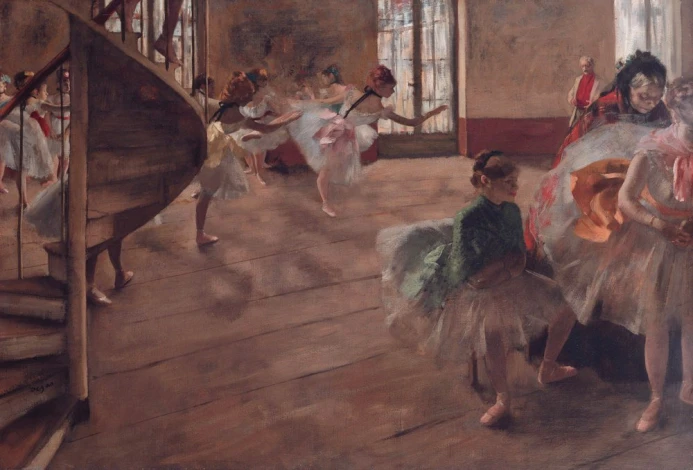 Reprodukcja The Rehearsal 1874, Edgar Degas - Aranżacja w sali tanecznej. Ściany w jasnych odcieniach, drewniana podłoga