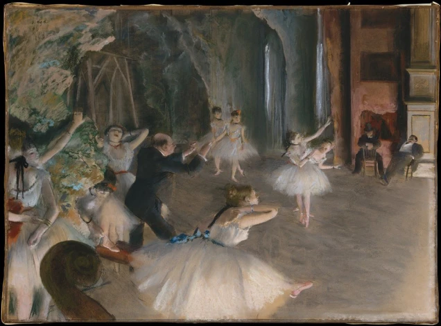 Reprodukcja The Rehearsal Onstage, Edgar Degas - Wzór graficzny. Postacie tancerek w białych tutu, mężczyzna prowadzący