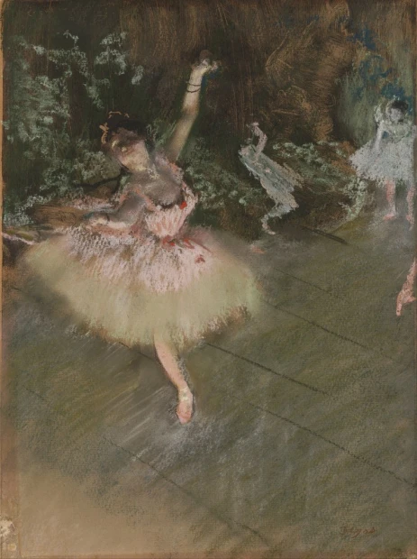 Reprodukcja The Star, Edgar Degas - Wzór graficzny. Postać baletnicy w tutu tańczy na tle ciemnej scenerii
