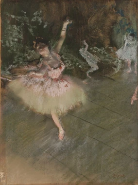 Reprodukcja The Star, Edgar Degas - Wzór graficzny. Postać baletnicy w tutu tańczy na tle ciemnej scenerii