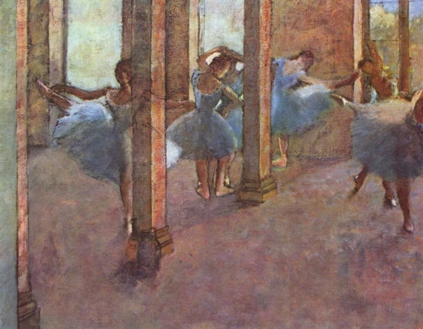 Reprodukcja Tanzerinnen im Foyer, Edgar Degas - Wzór graficzny. Postacie tancerek w baletowych strojach, w ruchu