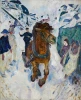 Reprodukcja Galloping Horse, Edvard Munch - Wzór graficzny. Obraz przedstawia konia w ruchu, otoczonego postaciami ludzi