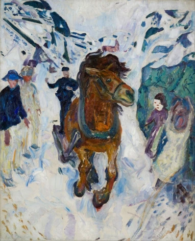 Reprodukcja Galloping Horse, Edvard Munch - Wzór graficzny. Obraz przedstawia konia w ruchu, otoczonego postaciami ludzi