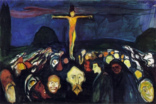 Reprodukcja Golgatha, Edvard Munch - Wzór graficzny. Centralna postać na krzyżu otoczona przez twarze ludzi